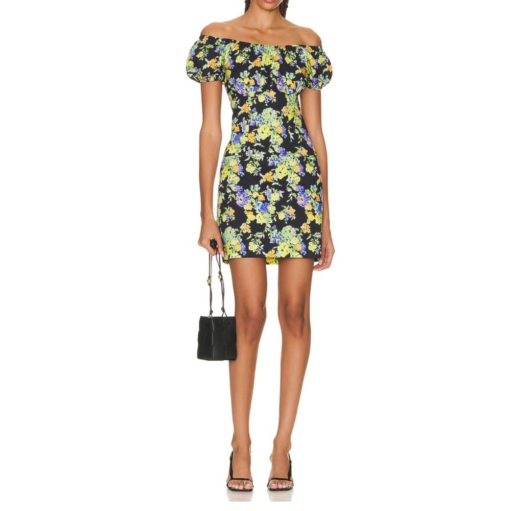 Caroline Constas Calla Mini Dress Black & Yellow Florals w/ Puff Sleeves Size S